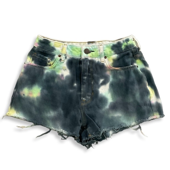 PacSun Shorts Womens 24 High Rise Festival Tie Dye Denim Blue Green Cut Offs - Picture 3 of 10